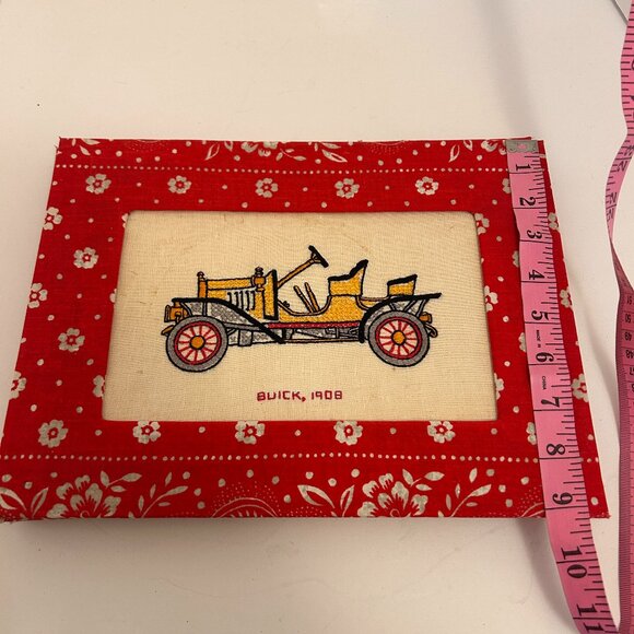 Vintage 1970s Embroidered Classic Car Wall Art Set | Handmade Framed Fabric Pane - Picture 1 of 9